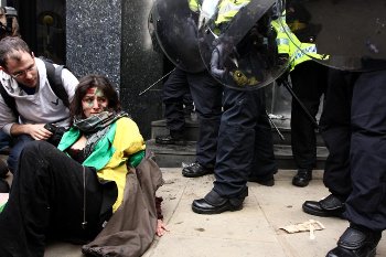 An injured protesters at anti-G20 protest in London, April 1. Photo by Alex Canazei.