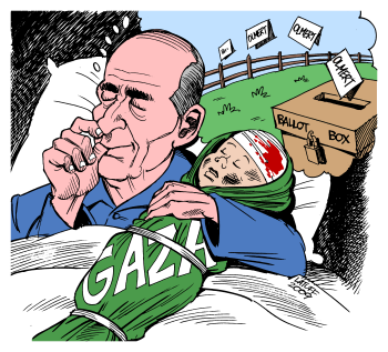 Israeli politicians (Olmert above) have a tradition of using attacks on Gaza to get votes. Drawing by Latuff.