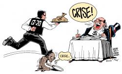 Which deserves priority? Financial or humanitarian crisis? Illustration: Carlos Latuff