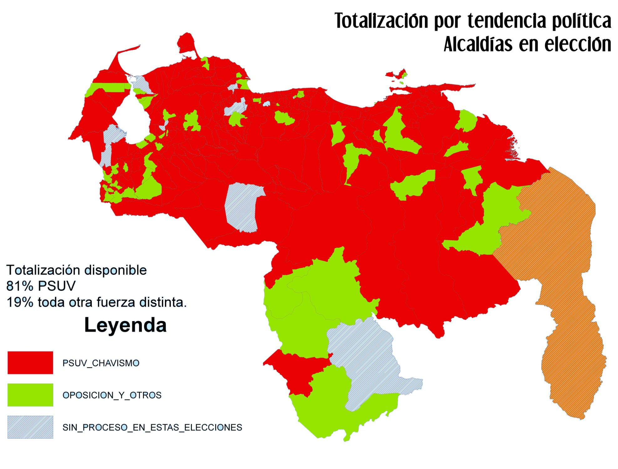 Map of councils: Red - PSUV win; Green - Oppositon win