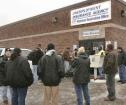 Unemployed workers lining up in front of the Unemployment Insurance Agency.