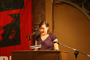 Marie Frederiksen addresses the audience