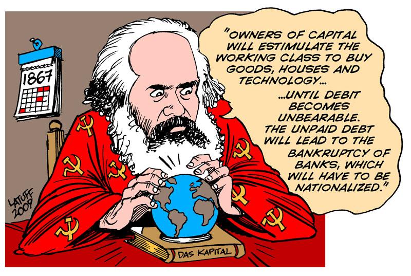 归根结底，只要经济仍然由大企业和私人垄断企业主导，注入系统的任何资金都将用于支付资本家生产的商品。//图片来源：Latuff