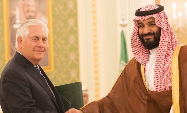 Rex Tillerson shakes hands with Deputy Crown Prince Mohammad bin Salman Al Saud Image The White House