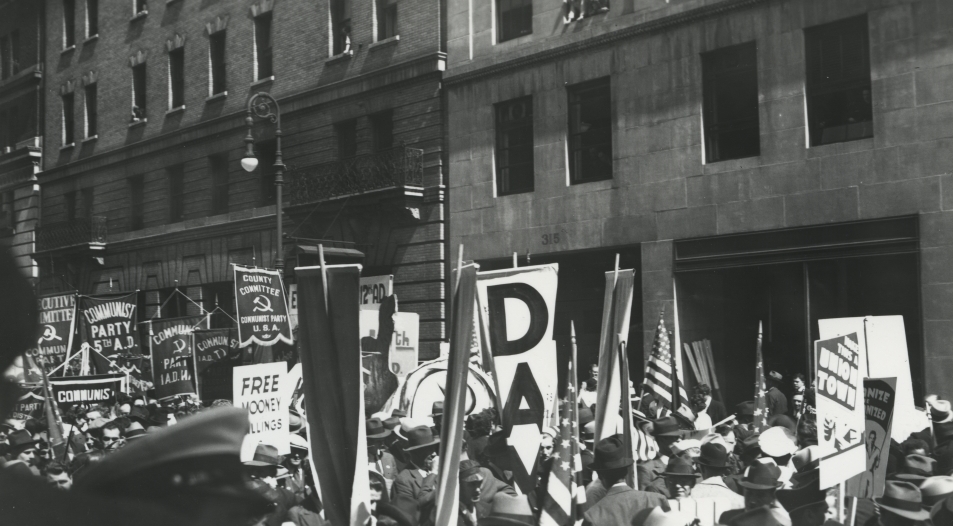 May Day parade with banners and flags New York 