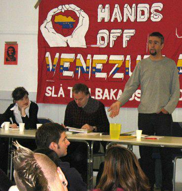 Martin middle during a meeting with Hands off Venezuela in Sweden. To the left Ylva Vinberg and to the right Jorge Martin