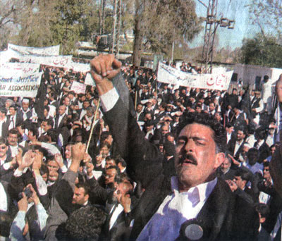 PTUDC leader Ejaz Khan Advocate leading lawyers demonstration in Peshawer (NWFP)
